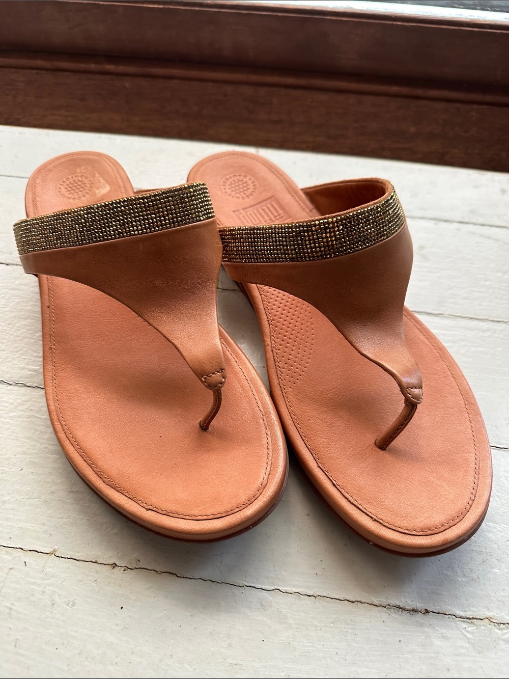 FitFlop Tan Leather Beaded Thong Sandals